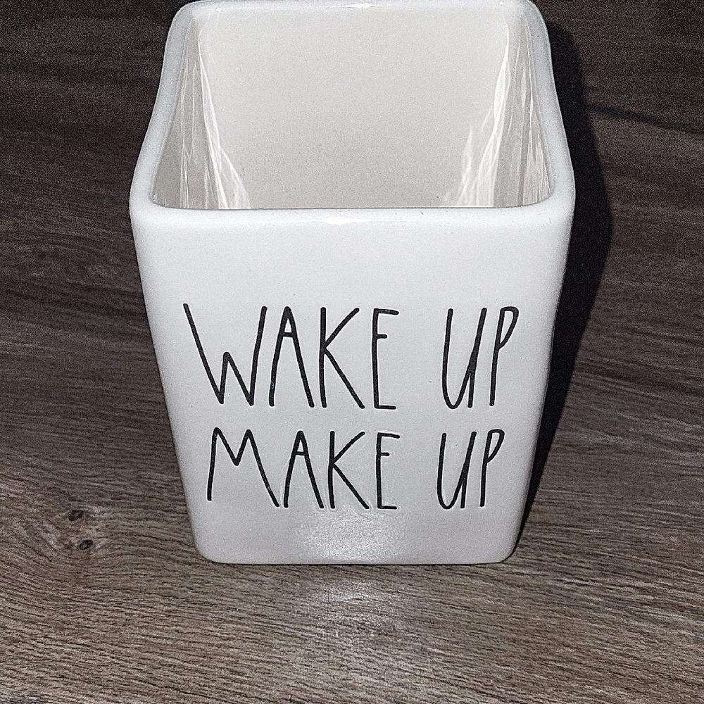 Rae Dunn "WAKE UP MAKE UP" White Square Container Artisan Collection By Magenta